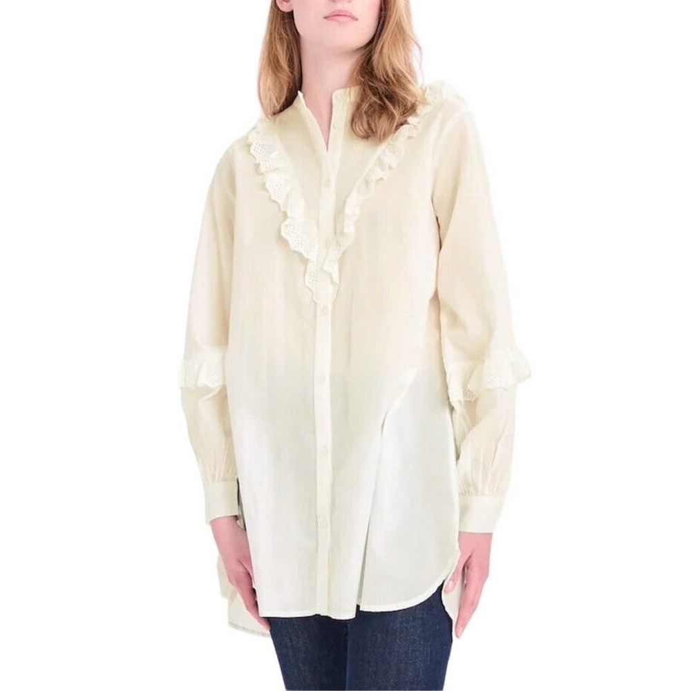 KAREN by Simonsen Ruffle Balloon Sleeve White Peasant Long Shirt Top Size 12